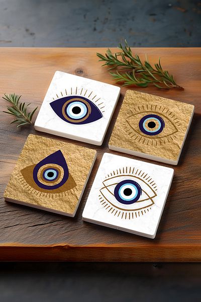Pinecone Evil Eye Stone Coaster Desktop Protective Coaster 4 Piece Set 10x10cm Stone Coasters Sc251