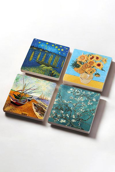 Pinecone Van Gogh Stone Coasters Desktop Protective Coasters 4 Piece Set 10x10cm Stone Coasters