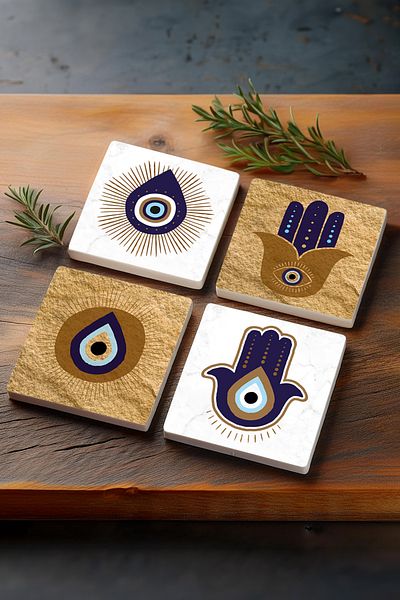 Pinecone Mother of Fatma's Hand (HAMSA), Evil Eye Stone Coaster Desktop Protective Coaster 4 Piece Set 10x10cm Sc247