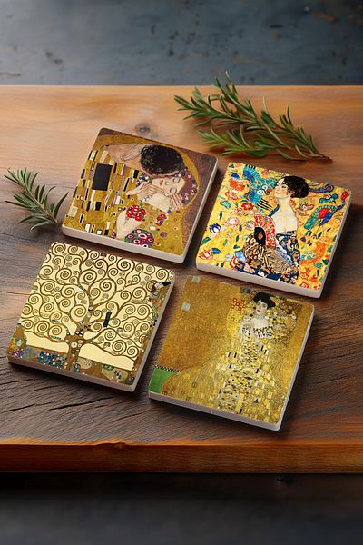Pinecone Gustav Klimt Woman with a Fan, Portrait of Adele Bloch-bauer, Kiss, Tree of Life Stone Coaster