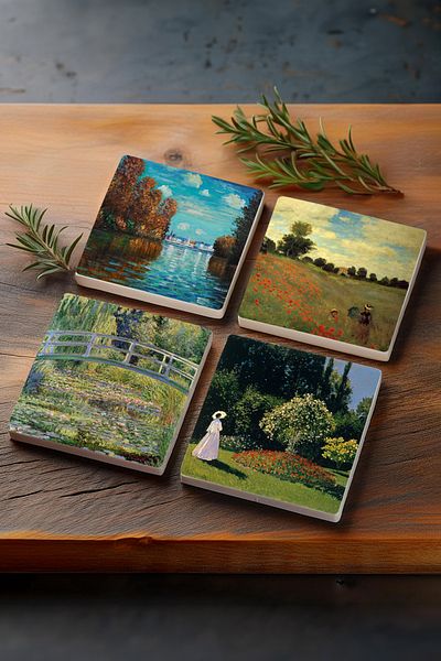 Pinecone Claude Monet Autumn, Woman in the Garden, Poppies, Lake Water Lily Stone Coasters Set of 4
