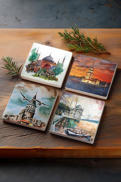 Pinecone Istanbul Hagia Sophia, Galata Tower, Maiden's Tower, Ortaköy Stone Coasters Set of 4 10x10cm