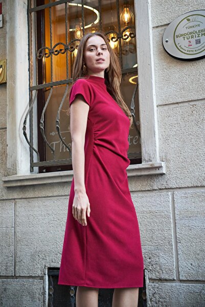 Jument Off Shoulder and Lycra Winter Velvet Knitwear Dress - Half Turtleneck, Burgundy