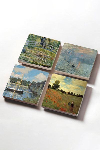 Pinecone Claude Monet Bridge in Argenteuil, Poppies, Impression Sunrise, Water Lily Lake Stone Coaster