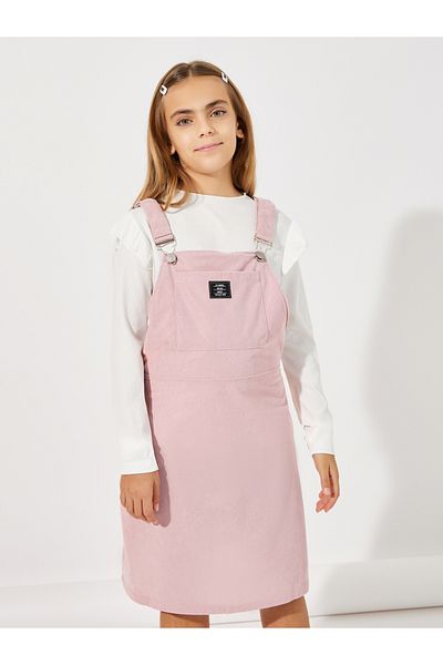 Styli Patch Detail Corduroy Pinafore Dress & Rib Knit T-Shirt Set