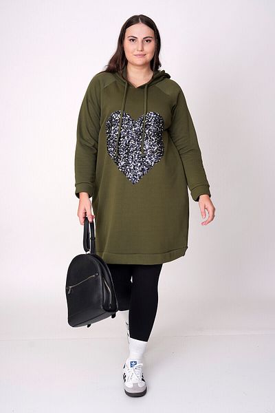 Büyük Moda Cotton Sweatshirt Dress with Heart Decoration with Sequences