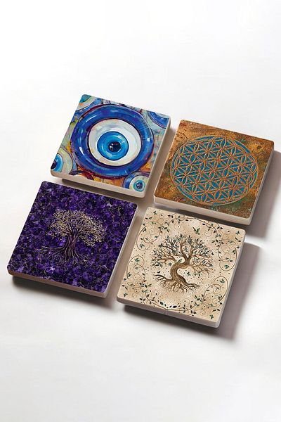 Pinecone Tree of Life, Evil Eye, Flower of Life Stone Coaster Desktop Protective Coaster 4 Piece Set 10x10cm