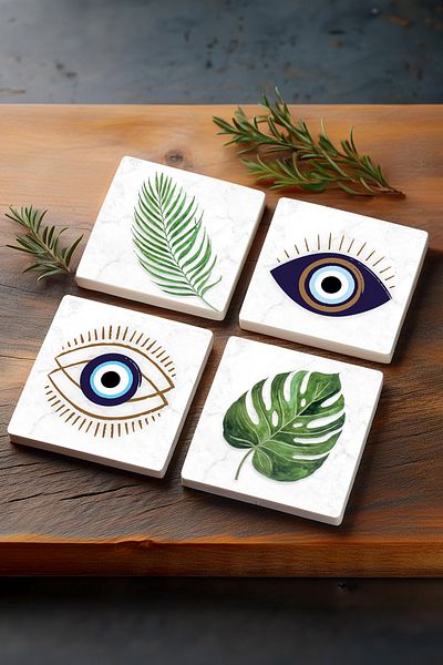 Pinecone Evil Eye, Leaf Stone Coaster Desktop Protective Coaster 4 Piece Set 10x10cm Stone Coasters Sc352