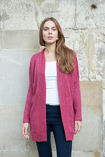 Jument Women's Off Shoulder Long Sleeve Relaxed Cut Long Knitwear Cardigan-Cherry