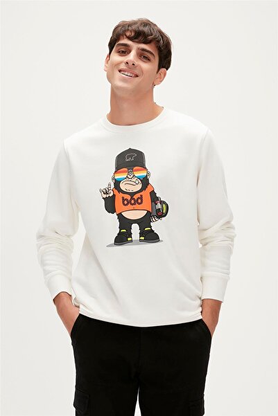 Bad Bear سويت شيرت رجالي أبيض مطبوع برقبة دائرية غير تقليدي