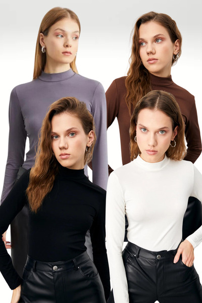 Bipantolon Women's Gray Bitter Brown Black White 4-Piece Half Turtleneck Basic Body