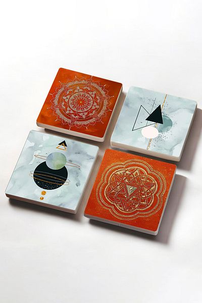 Pinecone Minimalist Sri Yantra and Mandala Patterned Abstract Stone Coaster - Set of 4 10X10Cm Desktop Protective Coaster