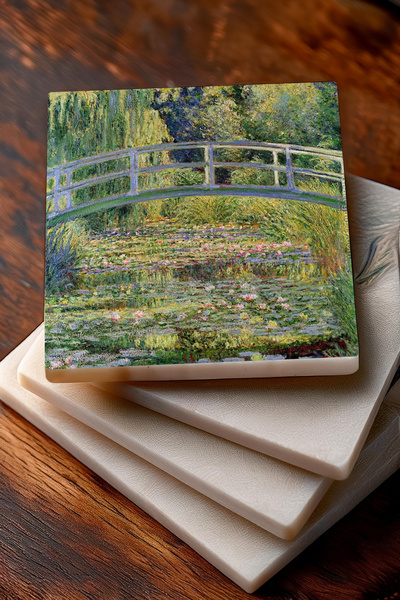 Pinecone Claude Monet Bridge in Argenteuil, Poppies, Impression Sunrise, Water Lily Lake Stone Coaster