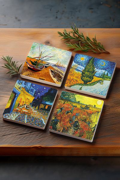 Pinecone Van Gogh Road with Cypresses, Red Vineyard, Night on the Cafe Terrace, Fishing Boats Stone Coasters Set of 4