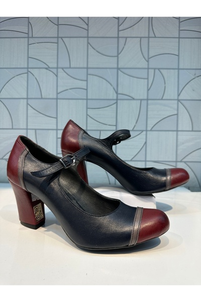 Anıl Ayakkabı Decolite Синій бордовий ремінь з деталями, застібка-пряжка, натуральна шкіра, класичний каблук, повсякденне взуття