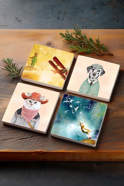 Pinecone Little Prince, Dog, Cat Stone Coasters Desktop Protective Coasters Set of 4 10x10cm Stone Coasters