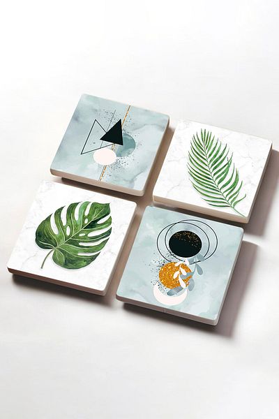 Pinecone Minimalist Abstract, Leaf Stone Coasters Desktop Protective Coasters Set of 4 10x10cm Sc359