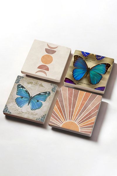 Pinecone Minimalist Abstract, Butterfly Stone Coaster Desktop Protective Coaster Set of 4 10x10cm Sc462