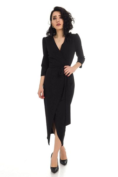 AYHAN Plus Size Black Crepe Dress with Double Breasted Collar and Waist Tie Detail - 1246