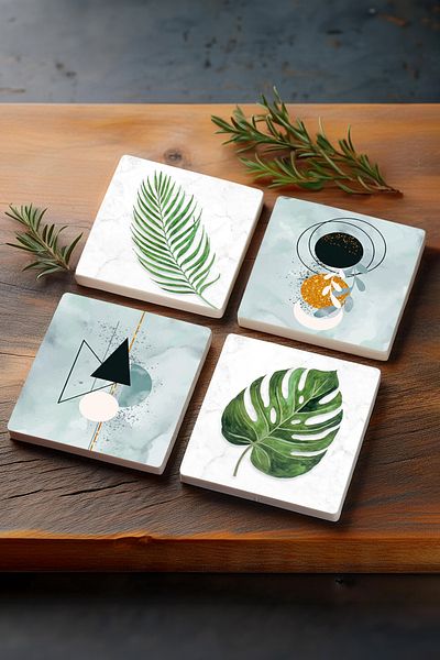 Pinecone Minimalist Abstract, Leaf Stone Coasters Desktop Protective Coasters Set of 4 10x10cm Sc359