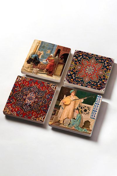 Pinecone Pattern, Chess Game, Two Musician Girls Stone Coasters Desktop Protective Coasters Set of 4 10x10cm