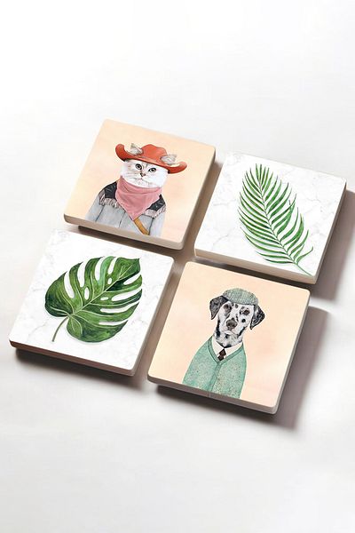 Pinecone Leaf, Dog, Cat Stone Coasters Desktop Protective Coasters 4 Piece Set 10x10cm Stone Coasters