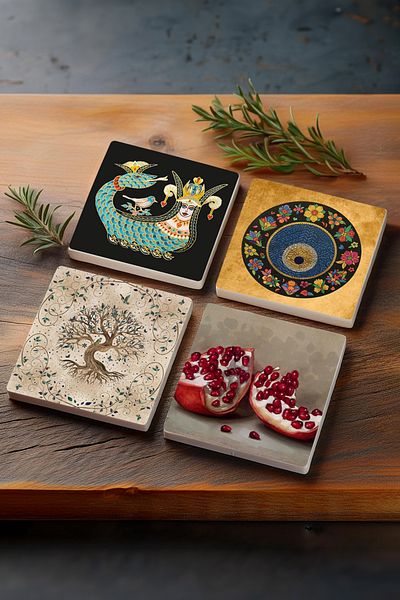 Pinecone Evil Eye Bead, Shahmaran, Tree of Life, Pomegranate Stone Coasters Protective Coasters Set of 4 10x10cm