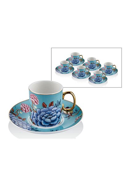 LAMEDORE Floral Blue Porcelain - 12 Pieces Coffee Cup Set for 6 People