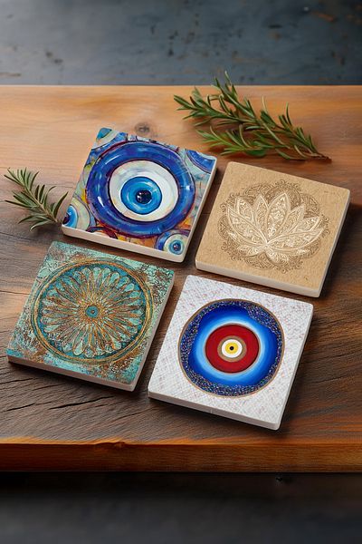 Pinecone Evil Eye, Flower of Life, Lotus Flower Stone Coaster Desktop Protective Coaster 4 Piece Set