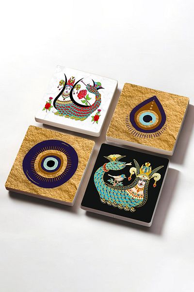 Pinecone Shahmeran, Evil Eye Stone Coasters Desktop Protective Coasters 4 Piece Set 10x10cm Stone Coasters