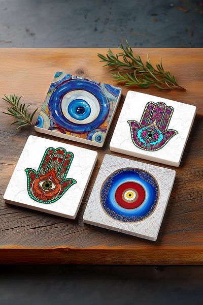 Pinecone Evil Eye, Hand of Mother Fatima (HAMSA) Stone Coaster Desktop Protective Coaster 4 Piece Set 10x10cm Sc376