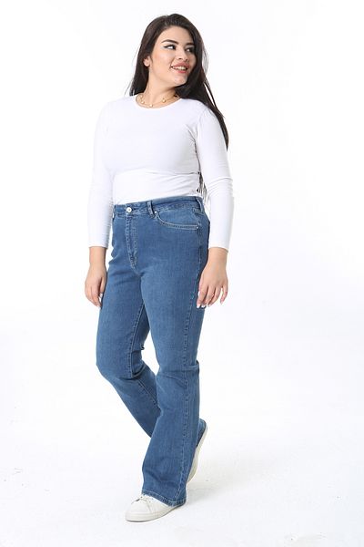 Şans Pantaloni de damă, albastru, cu talie înaltă, cu 5 buzunare, din lycra 65N38390