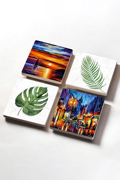 Pinecone Leaf, Seascape, Street View Stone Coaster Protective Coaster Set of 4 10x10cm