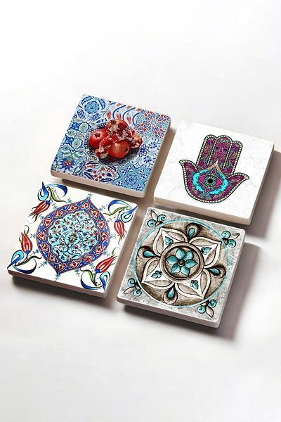 Pinecone Mother of Fatma Hand (HAMSA), Tile Art, Pomegranate Stone Coasters Desktop Protective Coasters Set of 4 10x10cm