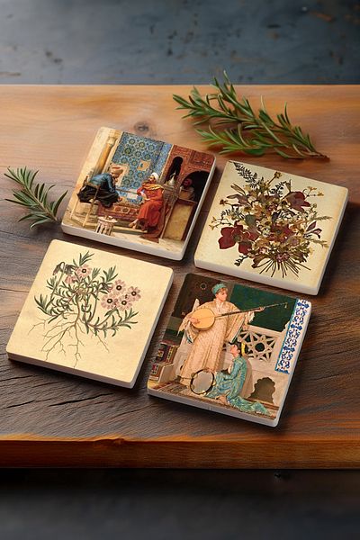 Pinecone Vintage Flower, Chess Game, Two Musician Girls Stone Coaster Protective Coaster Set of 4 10x10cm