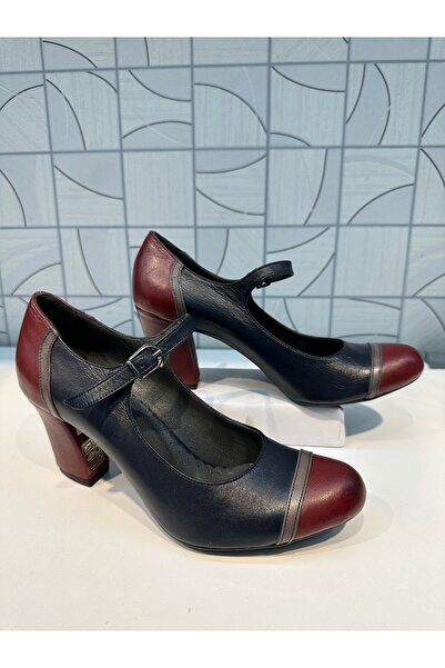 Anıl Ayakkabı Decolite Синій бордовий ремінь з деталями, застібка-пряжка, натуральна шкіра, класичний каблук, повсякденне взуття