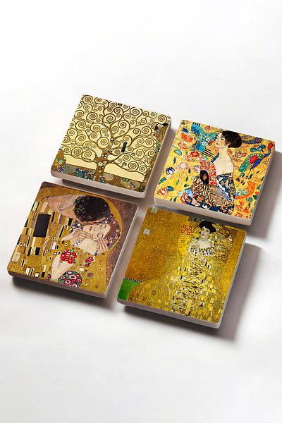 Pinecone Gustav Klimt Woman with a Fan, Portrait of Adele Bloch-bauer, Kiss, Tree of Life Stone Coaster