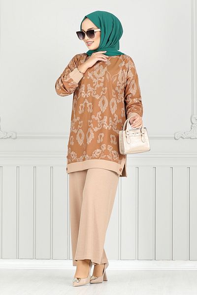 ModaMerve Tan Accessory Buttoned Set - 1709Lna1042-M