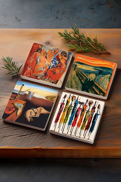 Pinecone Salvador Dalí The Persistence of Memory, Picasso, The Avignon Girls, The Scream, Native Women Stone Coaster Set