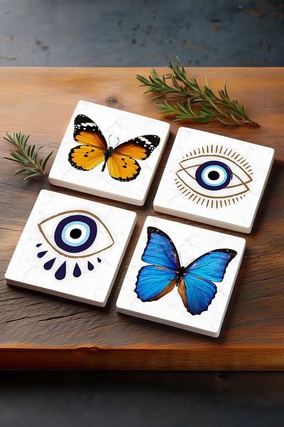 Pinecone Evil Eye, Butterfly Stone Coaster Desktop Protective Coaster 4 Piece Set 10x10cm Stone Coasters Sc308
