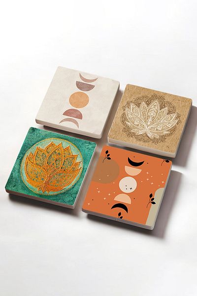 Pinecone Bohemian Minimalist Lotus Flower Patterned Stone Coasters Set of 4 - 10X10Cm