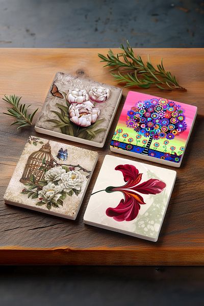 Pinecone Marbling Art Tulip, Butterfly Flower, Karla Gerard Tree of Life Stone Coasters Set of 4 10x10cm