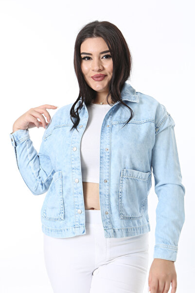 Şans Palton cămașă din denim cu efect de spălare albastru de mărime mare pentru femei 65N38383