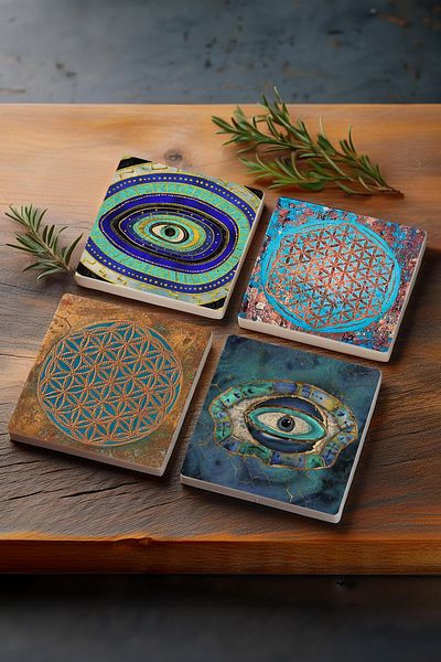 Pinecone Evil Eye, Flower of Life Stone Coasters Desktop Protective Coasters 4 Piece Set 10x10cm Stone Coasters