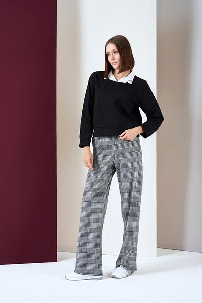 PJS Set de două piese pantaloni în carouri cu guler fals țesut pentru femei