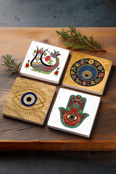 Pinecone Evil Eye, Hand of Mother Fatma (HAMSA), Shahmeran Stone Coaster Desktop Protective Coaster Set of 4 10x10cm