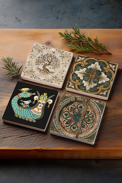 Pinecone نمط عتيق، شاماران، شجرة الحياة، قاعدة أكواب واقية لسطح المكتب مكونة من 4 قطع مقاس 10 × 10 سم