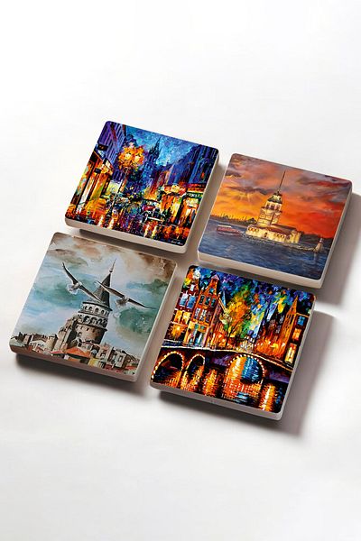 Pinecone Bridge View, Street View, Istanbul Galata Tower, Maiden's Tower Stone Coasters Set of 4