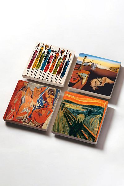 Pinecone Salvador Dalí The Persistence of Memory, Picasso, The Avignon Girls, The Scream, Native Women Stone Coaster Set