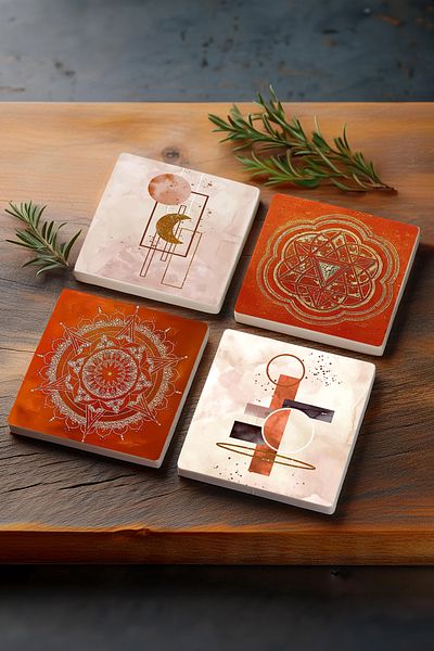 Pinecone Minimalist Abstract, Sri Yantra, Mandala Stone Coaster Desktop Protective Coaster Set of 4 10X10Cm